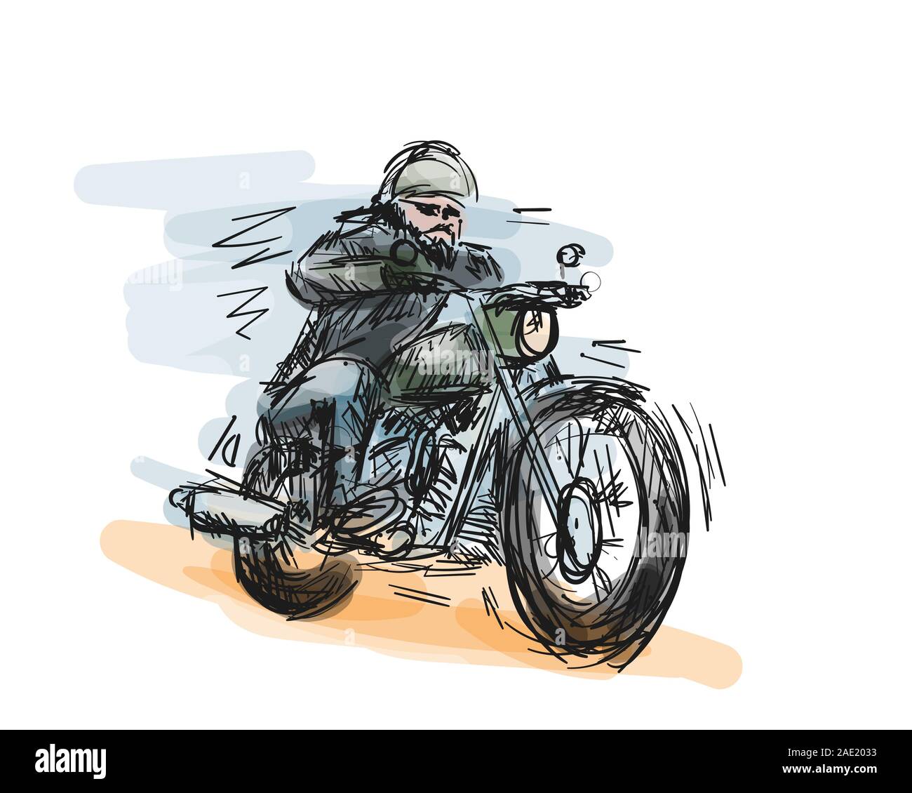 Motociclista motocicleta con un potente motor de velocidad en carretera.  Fast moto ilustración vectorial. Dibujado a mano el arte de la pintura para  la plantilla de impresión Imagen Vector de stock -
