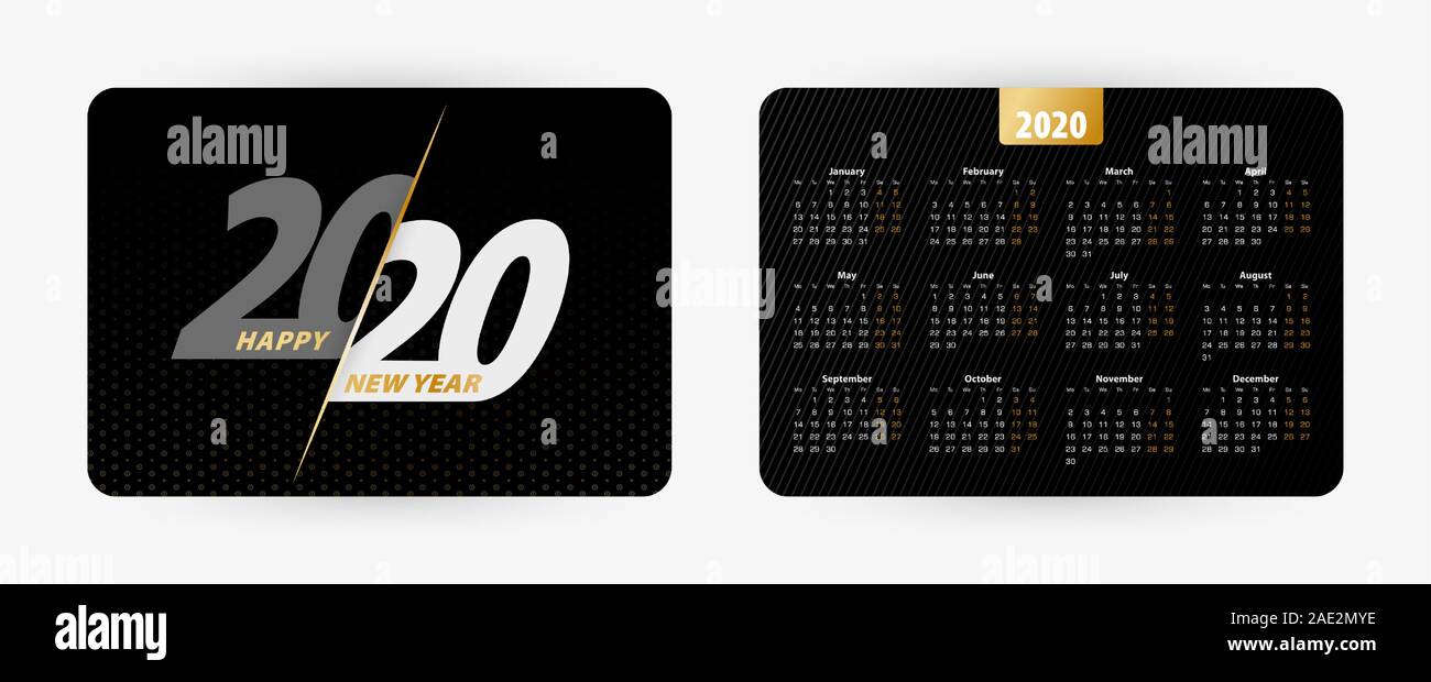 Calendario de bolsillo 2020 negras horizontales, la semana comienza en