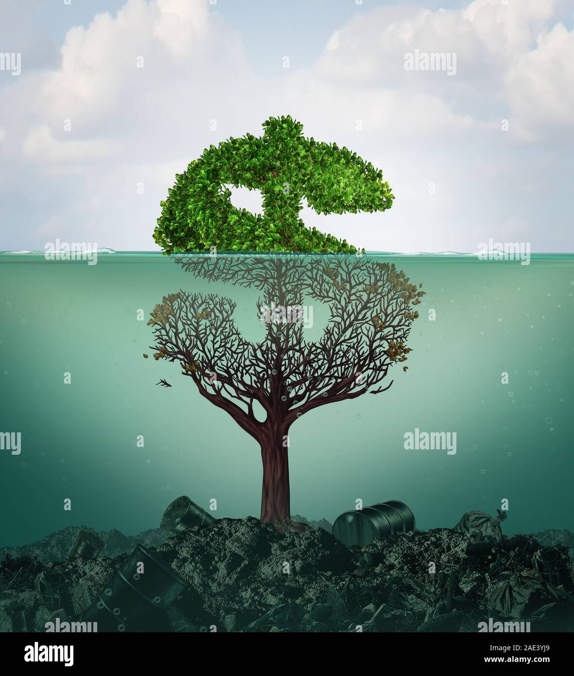 Costo de la contaminación y los costes financieros de la contaminación de las aguas contaminadas con residuos industriales peligrosos como un árbol modelado como un signo de dólar bajo el agua. Foto de stock
