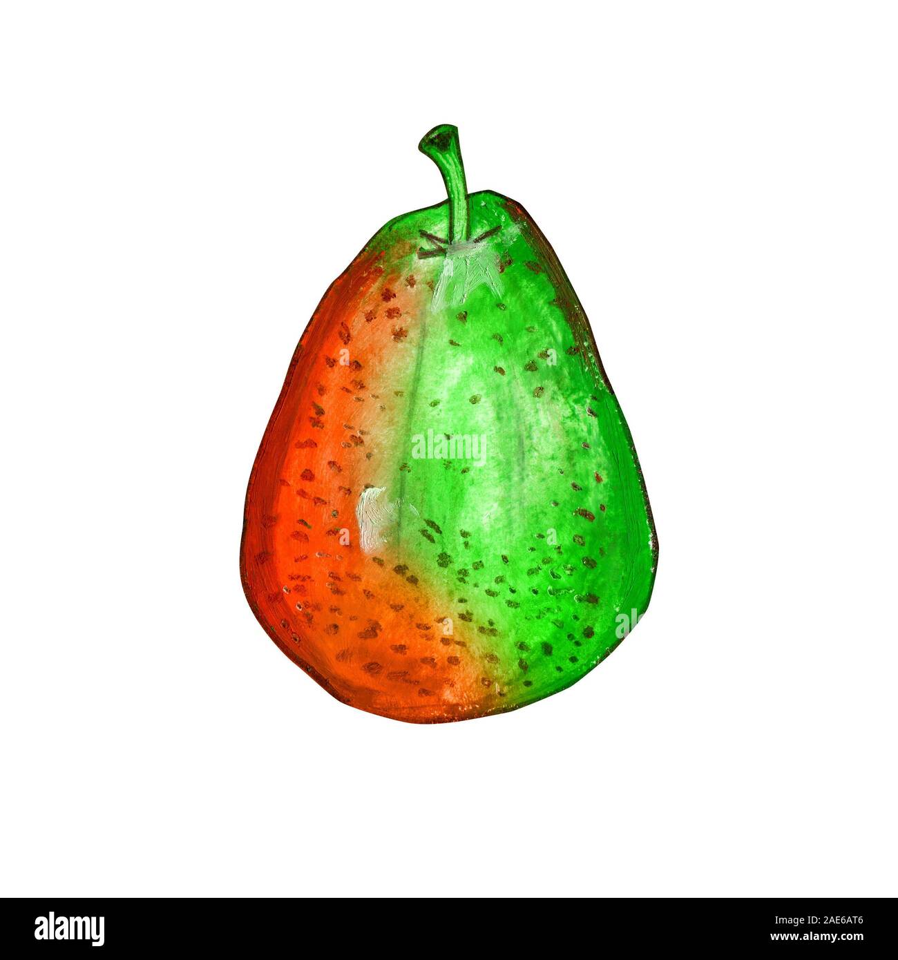 Una pera aislado sobre un fondo blanco. Naranja y fruta verde en una mota.  Dibujado a mano ilustración pastel de aceite para el diseño de las  etiquetas de los alimentos. Producto ecológico