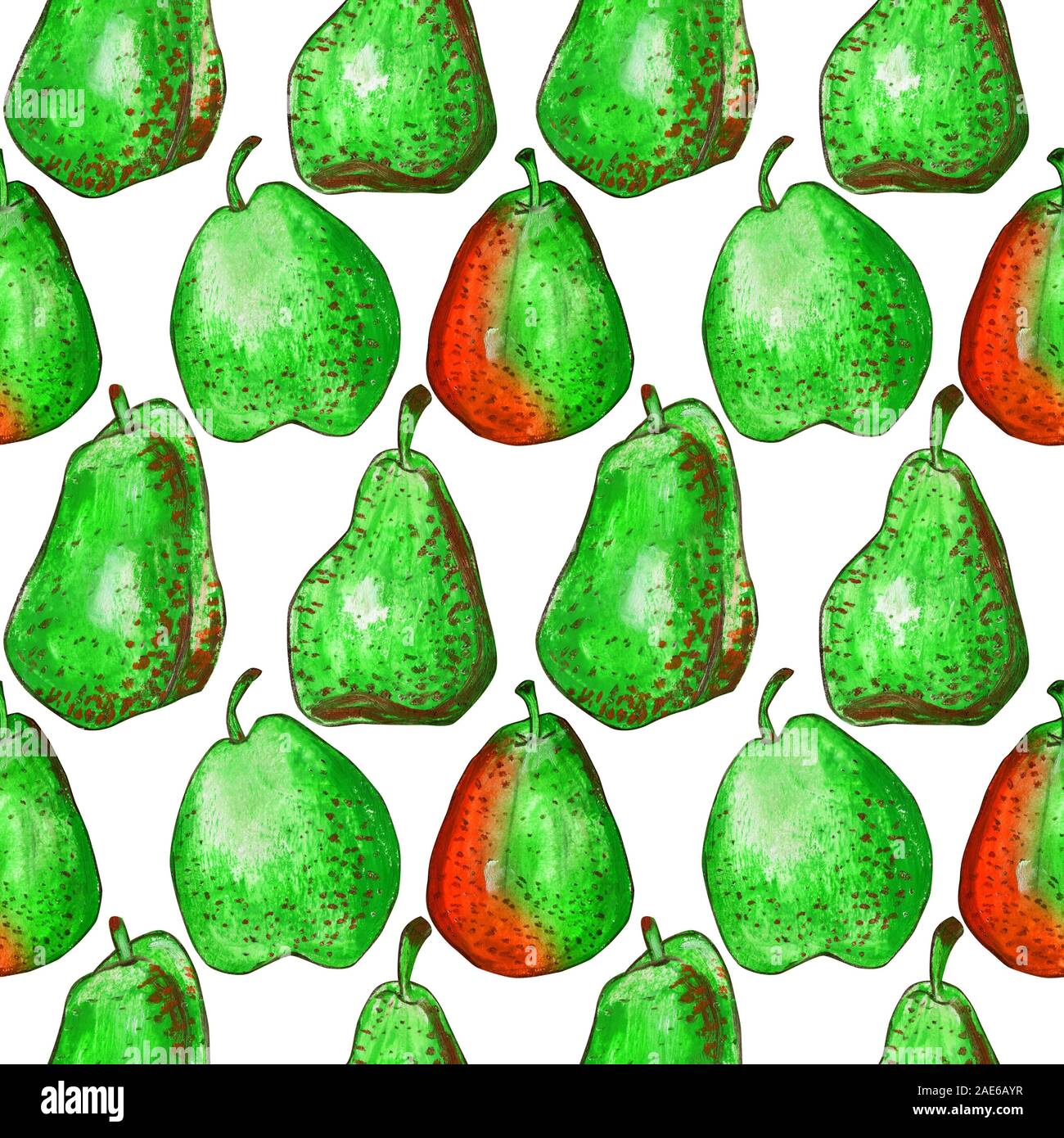Patrón sin fisuras con peras sobre un fondo blanco. Naranja y fruta verde en la mancha. Ilustración dibujado a mano de pastel de aceite para el diseño de las etiquetas de los alimentos Foto de stock