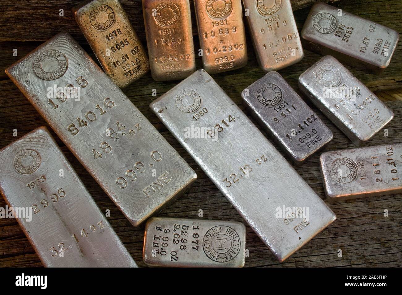 Rara variedad de Homestake Mining Company barras de lingotes de plata. Plomo, South Dakota - Black Hills, EE.UU. Foto de stock