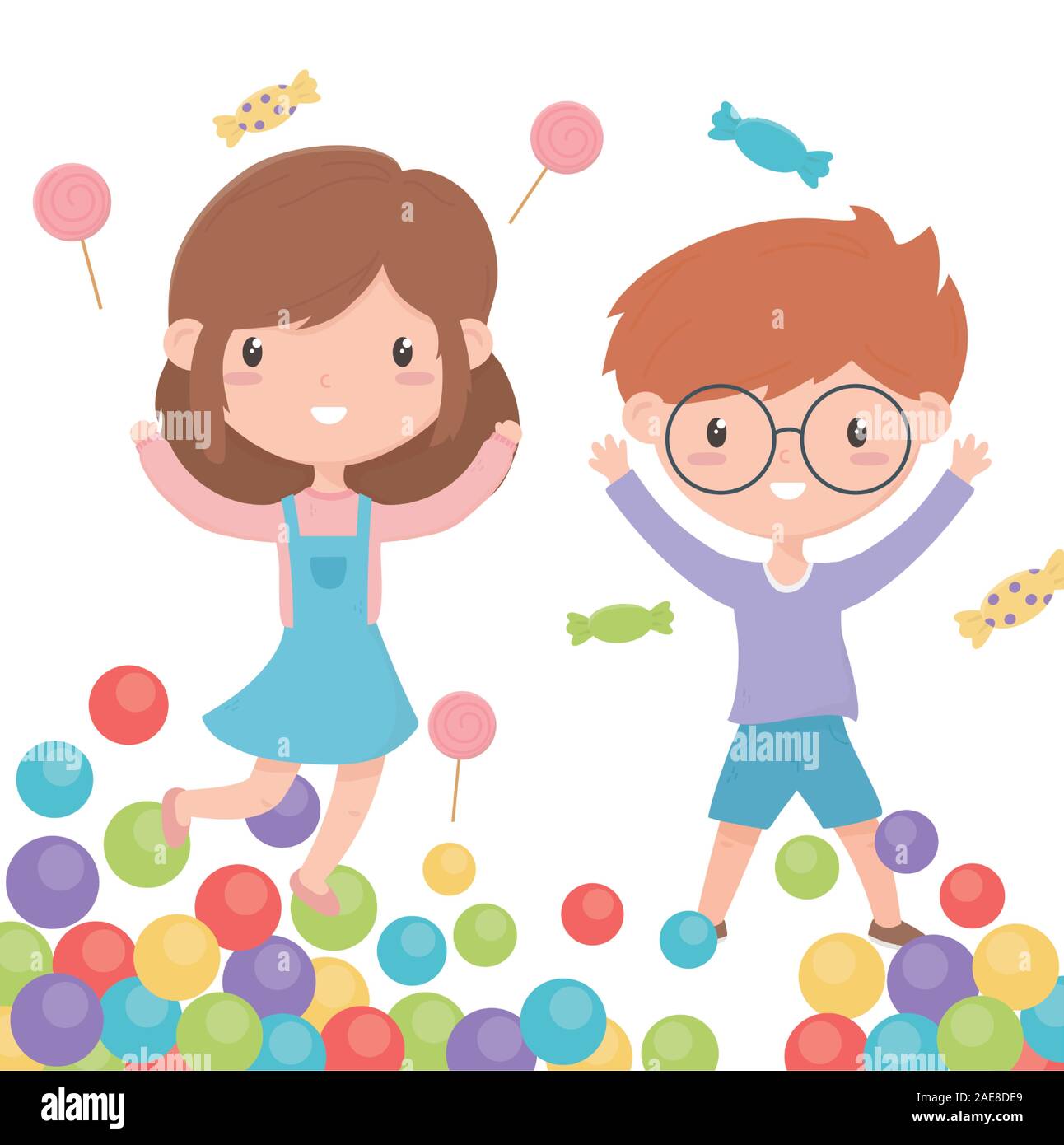 Feliz Dia De La Infancia Sonriente Chico Y Chica Caramelos Y Bolas De Colores Ilustracion Vectorial Imagen Vector De Stock Alamy