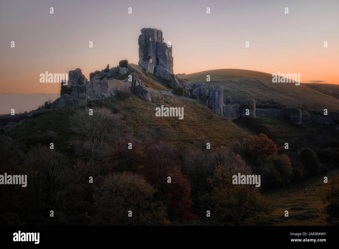 El castillo Corfe, en Dorset, Inglaterra, Reino Unido Foto de stock