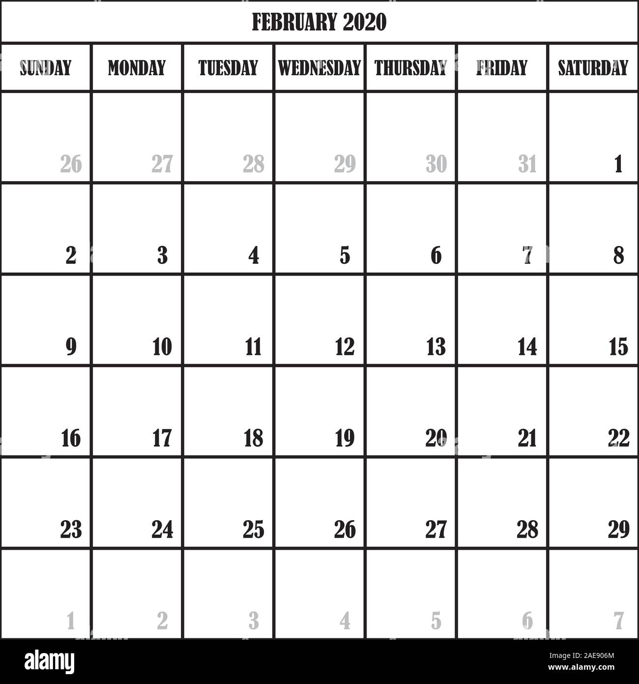 Planificador de calendario mes de febrero 2020 sobre fondo transparente