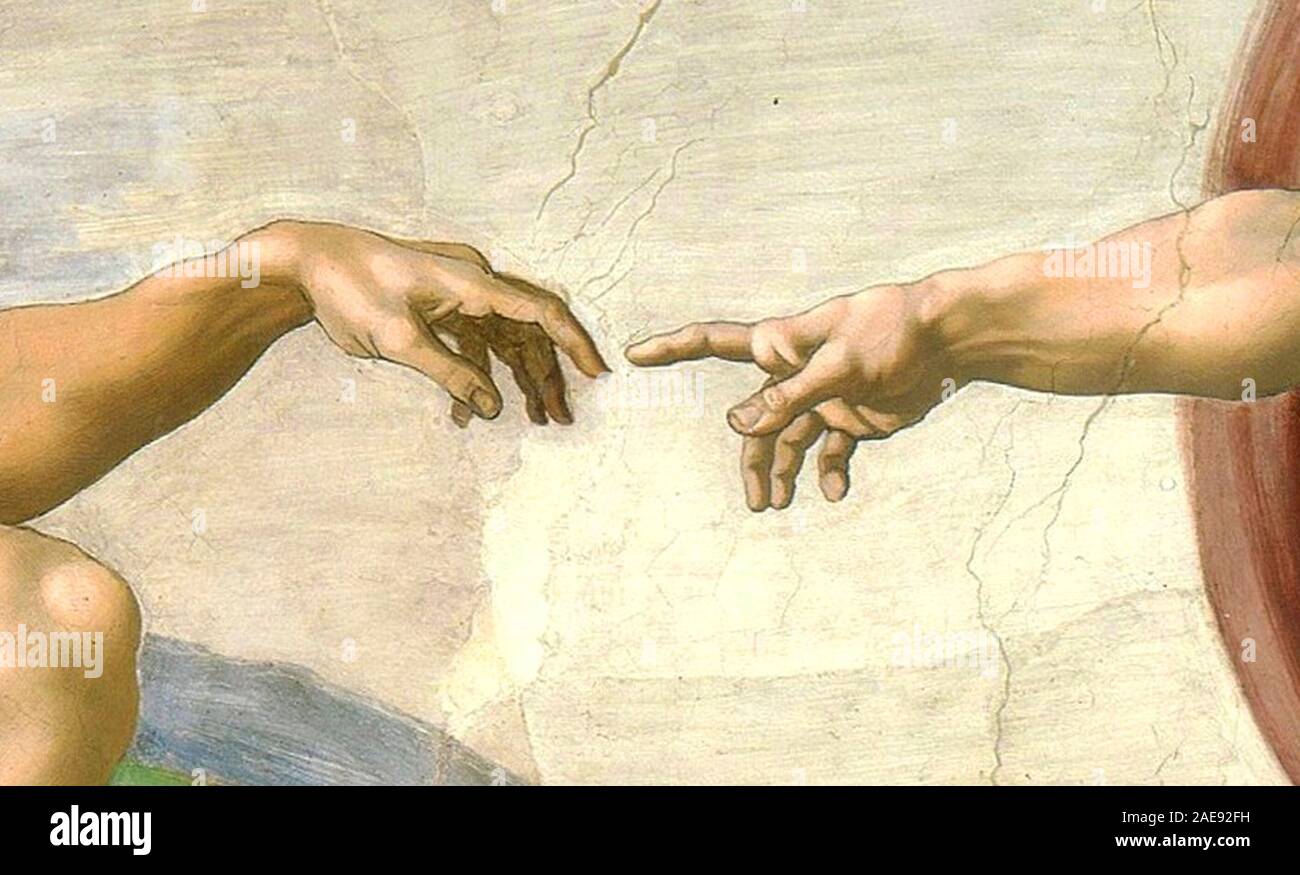 Los detalles de la creación de Adán en el techo de la Capilla Sixtina. La creación de Adán, un fresco en la Capilla Sixtina de Michelangelo (1475-1564),1511. Foto de stock