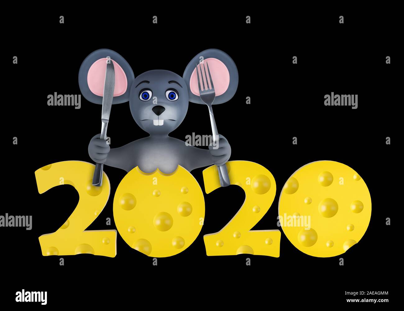 Feliz año nuevo 2020 Tarjeta de felicitación con lindo ratones y quesos aislados en negro. Fauna vacaciones personaje de dibujos animados. 3D Render. Foto de stock