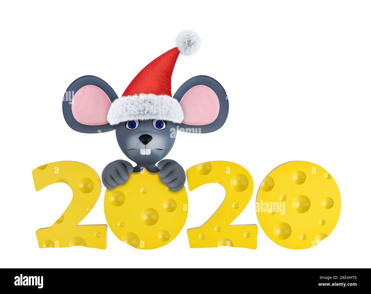 Feliz año nuevo 2020 Tarjeta de felicitación con lindo ratones y quesos aislado en blanco. Fauna vacaciones personaje de dibujos animados. 3D Render. Foto de stock