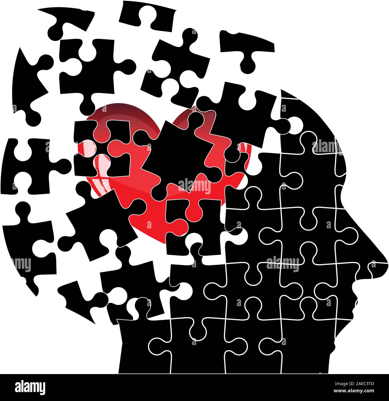 Jigsaw Puzzle cabeza hombre, con un corazón se rompe en pedazos.  Ilustración vectorial Imagen Vector de stock - Alamy