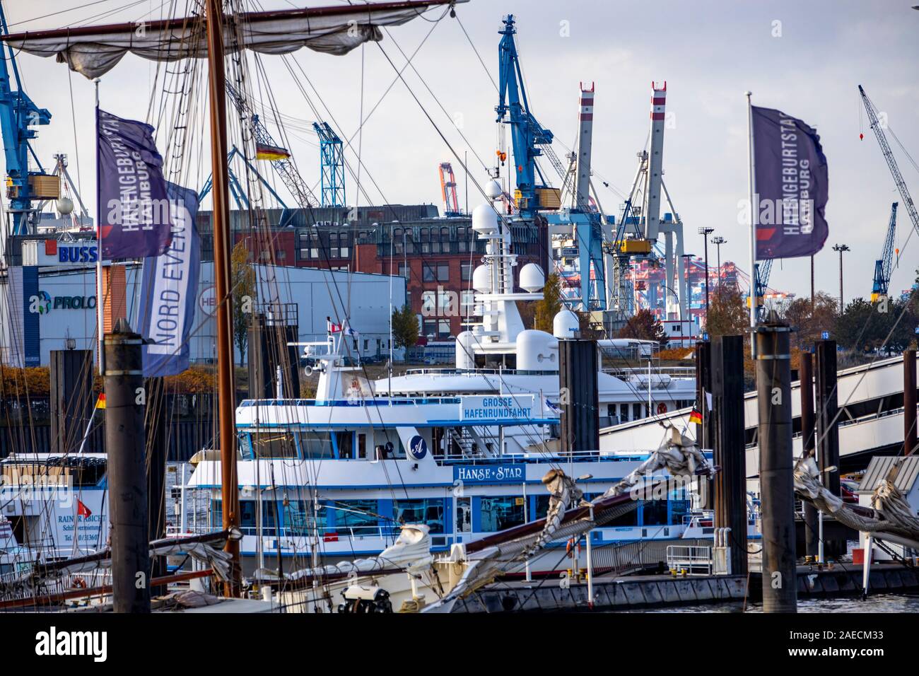 Hamburgo, el puerto, el puerto en el Elba, Kehrwiederspitze, veleros, lanchas, botes, de ida y vuelta al puerto y astilleros Blohm Voss, Foto de stock