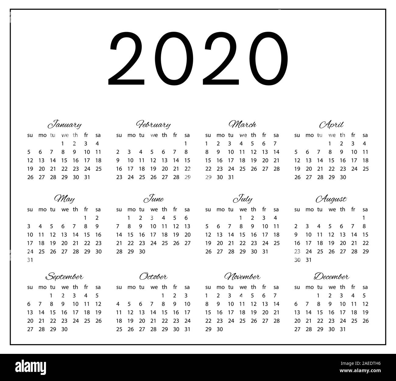 tenedor Papúa Nueva Guinea terciopelo 2020 calendario simple en blanco y negro Imagen Vector de stock - Alamy