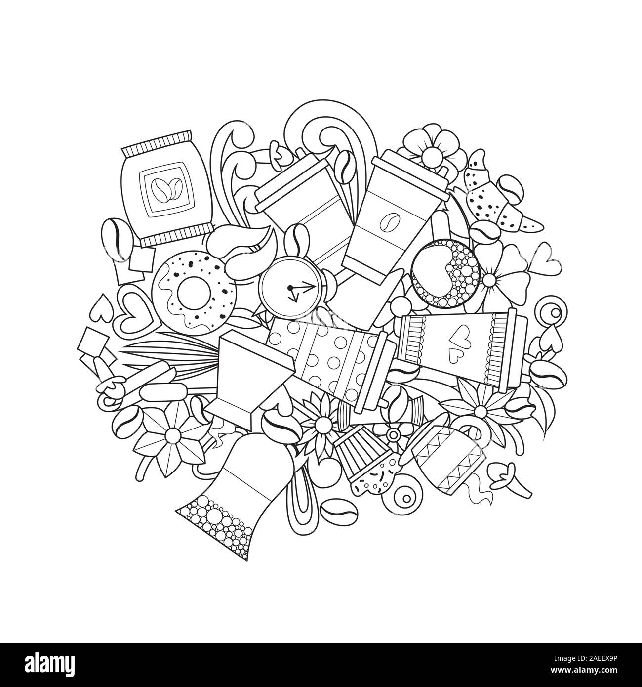 Pausa para el café. Doodle capuchino café moca. Libro para colorear la  ilustración vectorial Imagen Vector de stock - Alamy