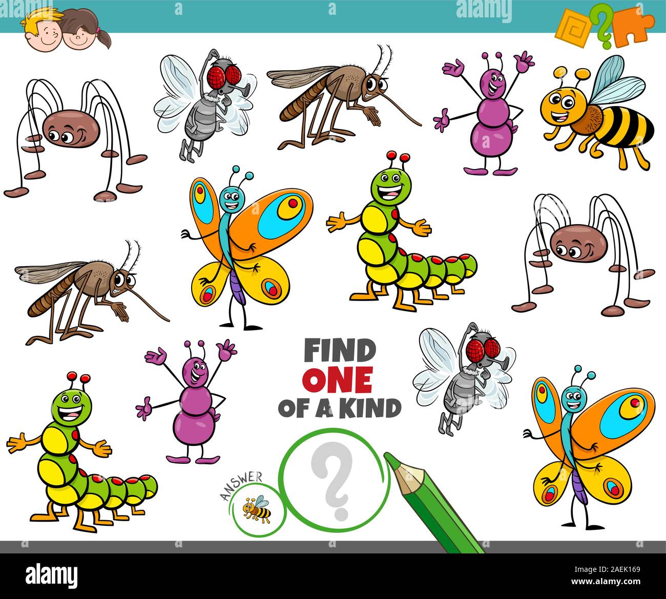 Cartoon Ilustración de encontrar una especie de un imagen juego educativo con Happy insectos y bichos personajes de animales Ilustración del Vector