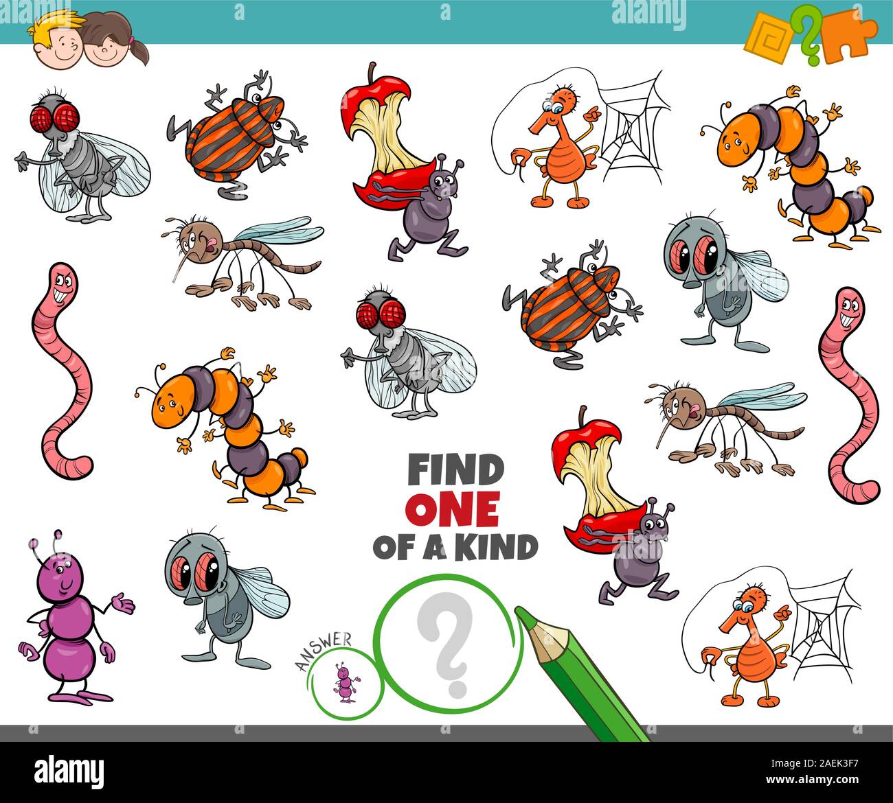 Cartoon Ilustración de encontrar una especie de un juego educativo imágenes con divertidos personajes de insectos Ilustración del Vector