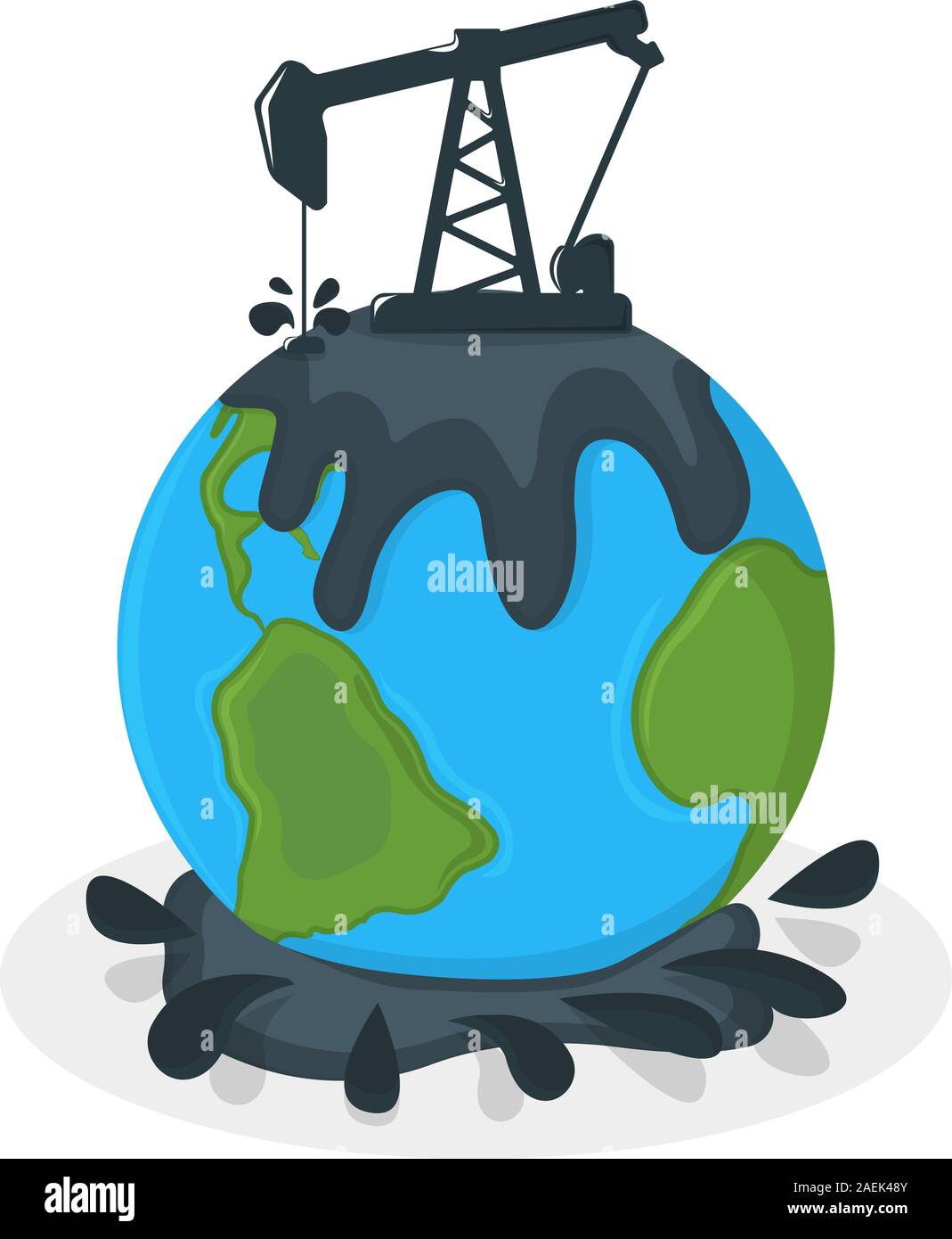 Concepto de contaminación por petróleo tierra Icono y etiqueta. La tierra  de la contaminación por petróleo. Símbolo de la catástrofe, el icono y el  monograma. Ilustración vectorial de dibujos animados Imagen Vector