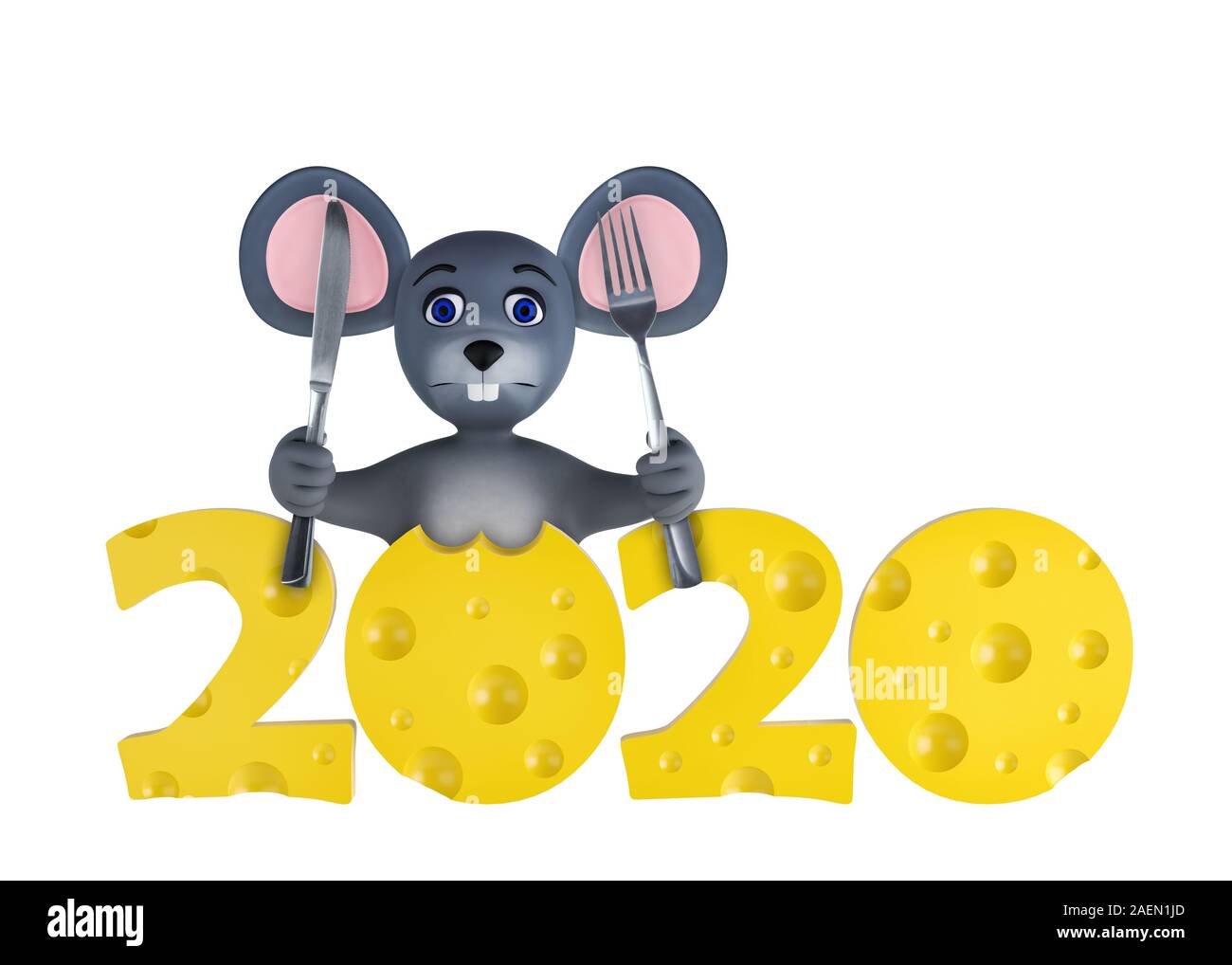 Feliz año nuevo 2020 Tarjeta de felicitación con lindo ratones y quesos aislado en blanco. Fauna vacaciones personaje de dibujos animados. 3D Render. Foto de stock