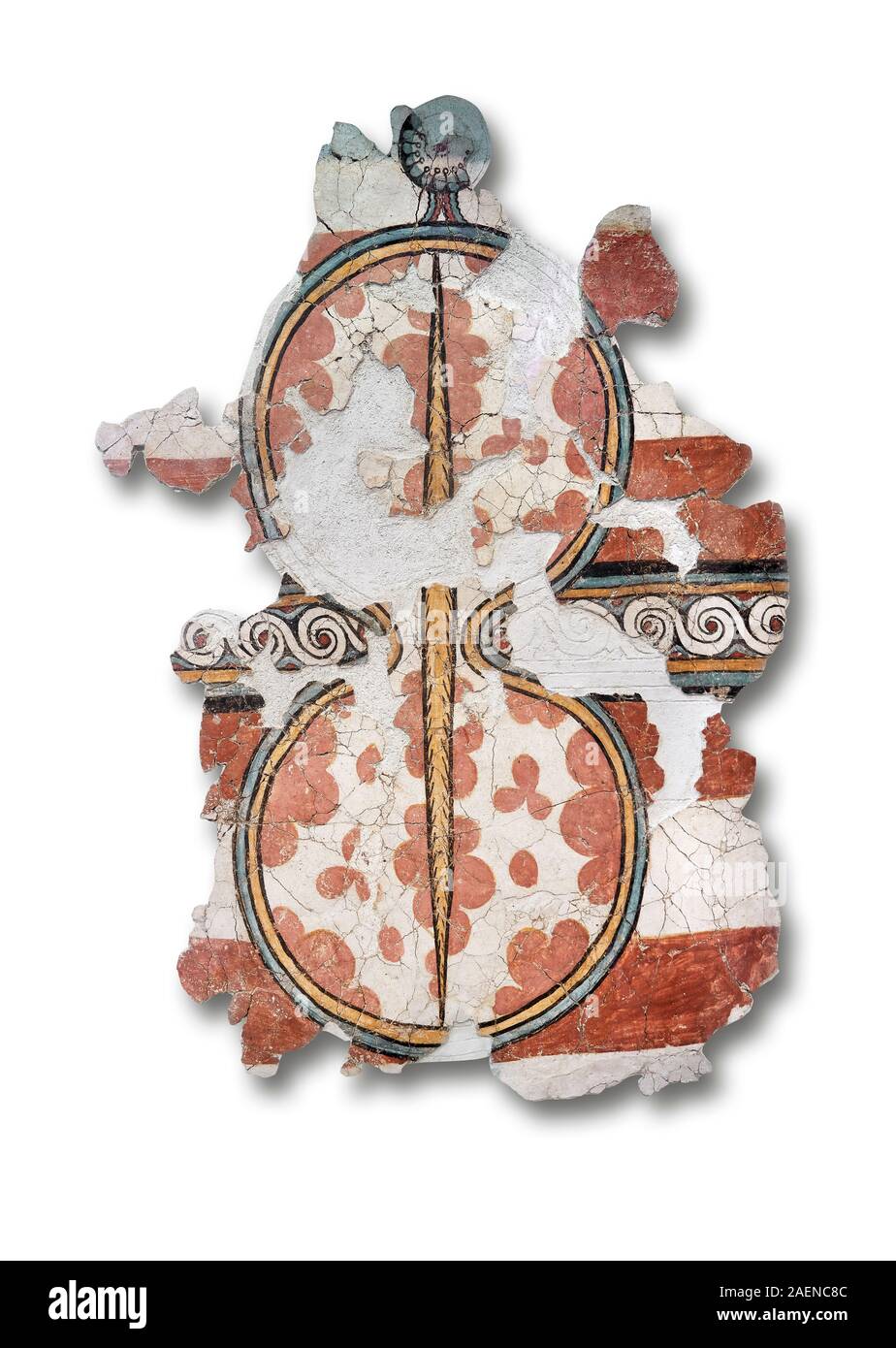 La "figura de ocho" escudo micénico pintura mural al fresco, Micenas, Grecia Cat nº 11672. Museo Arqueológico Nacional de Atenas. Fondo blanco. Foto de stock