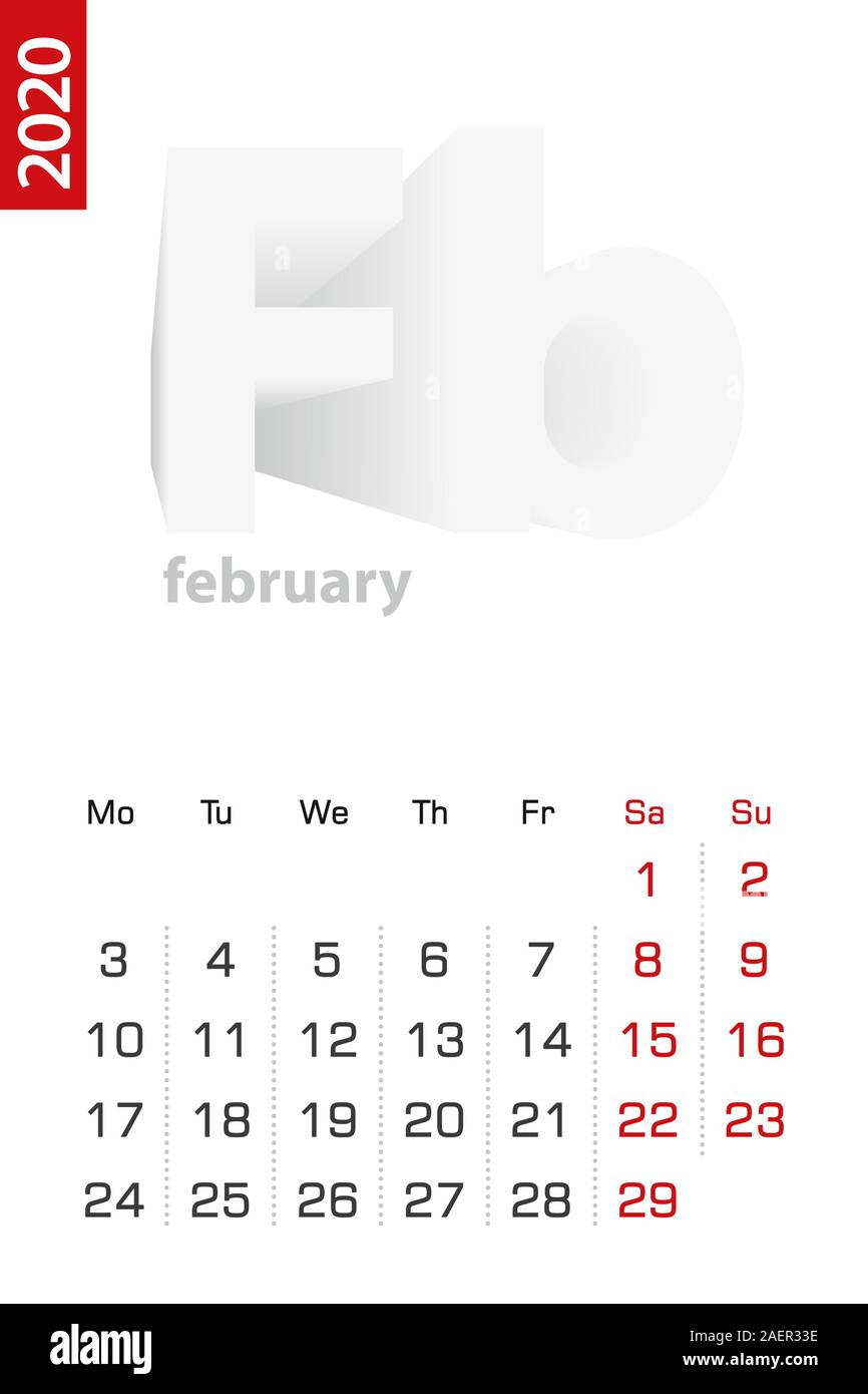 Plantilla de calendario minimalista para febrero de 2020, el vector  calendario en inglés. Calendario de vectores para el año 2020 Imagen Vector  de stock - Alamy