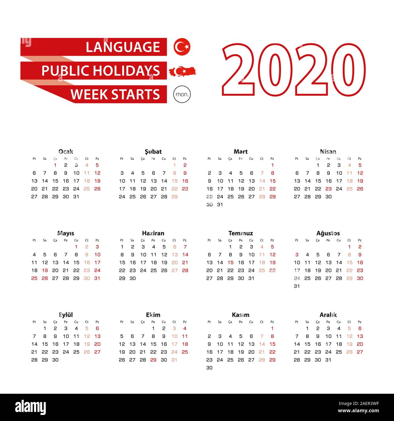 Calendario 2020 en idioma turco con los feriados del país de Turquía en el  año 2020. La semana comienza el lunes. Ilustración vectorial Imagen Vector  de stock - Alamy