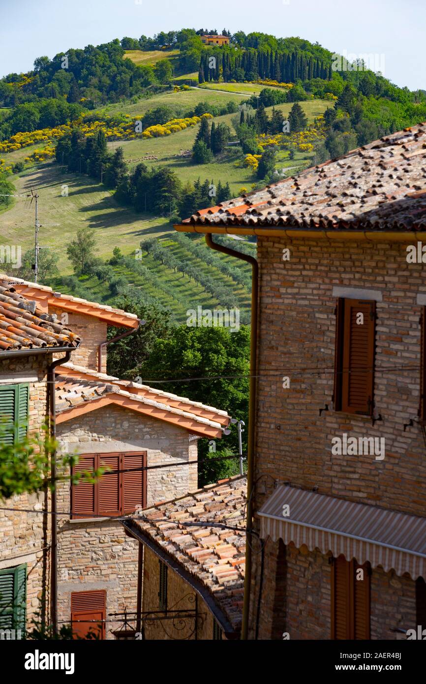 Montone es una pequeña colina village en Umbría, Italia, rodeado por colinas y granjas. Foto de stock