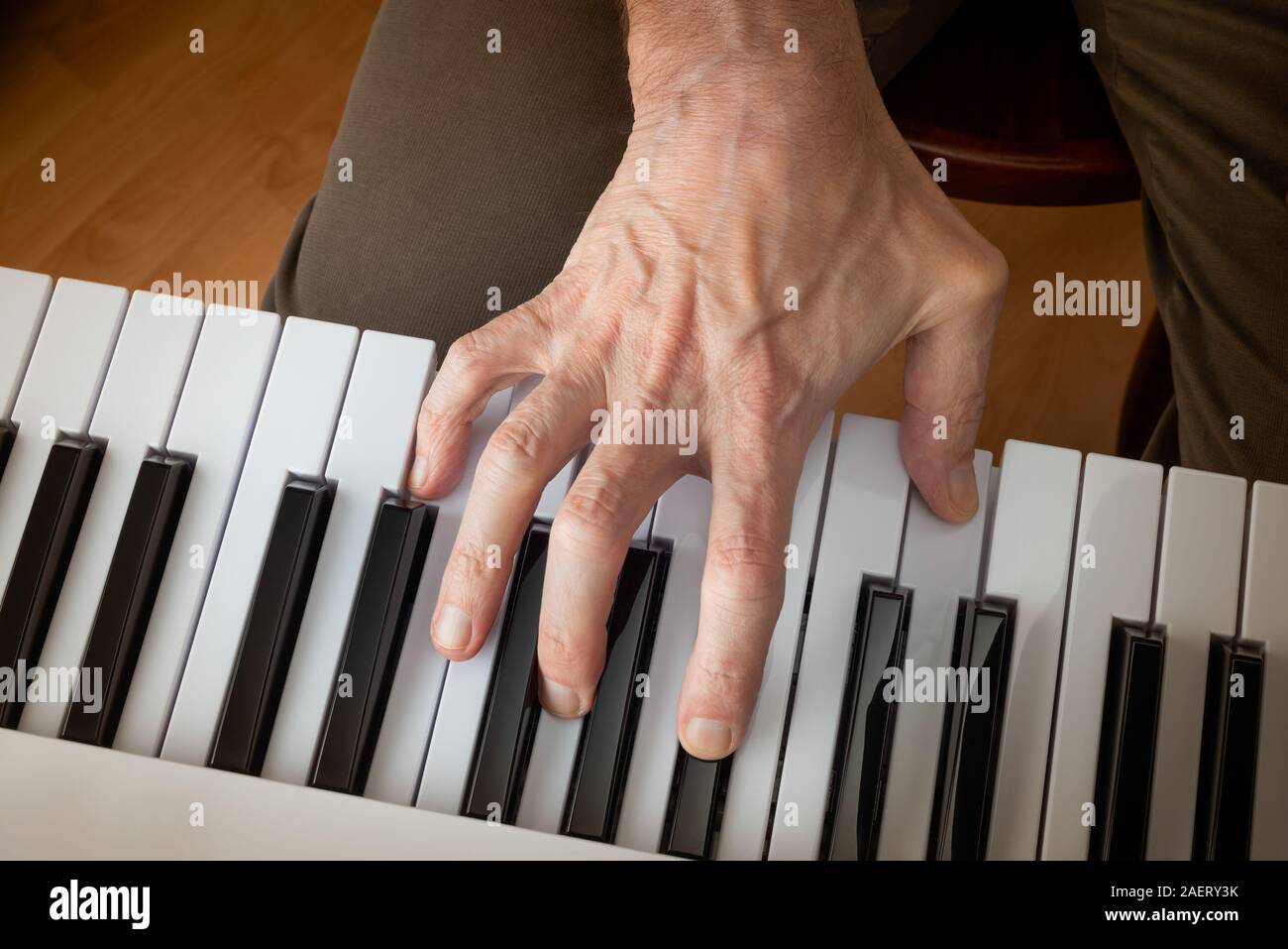 Cerrar detalle de la mano de un músico tocando las teclas en blanco y negro de un teclado de música electrónica. Foto de stock