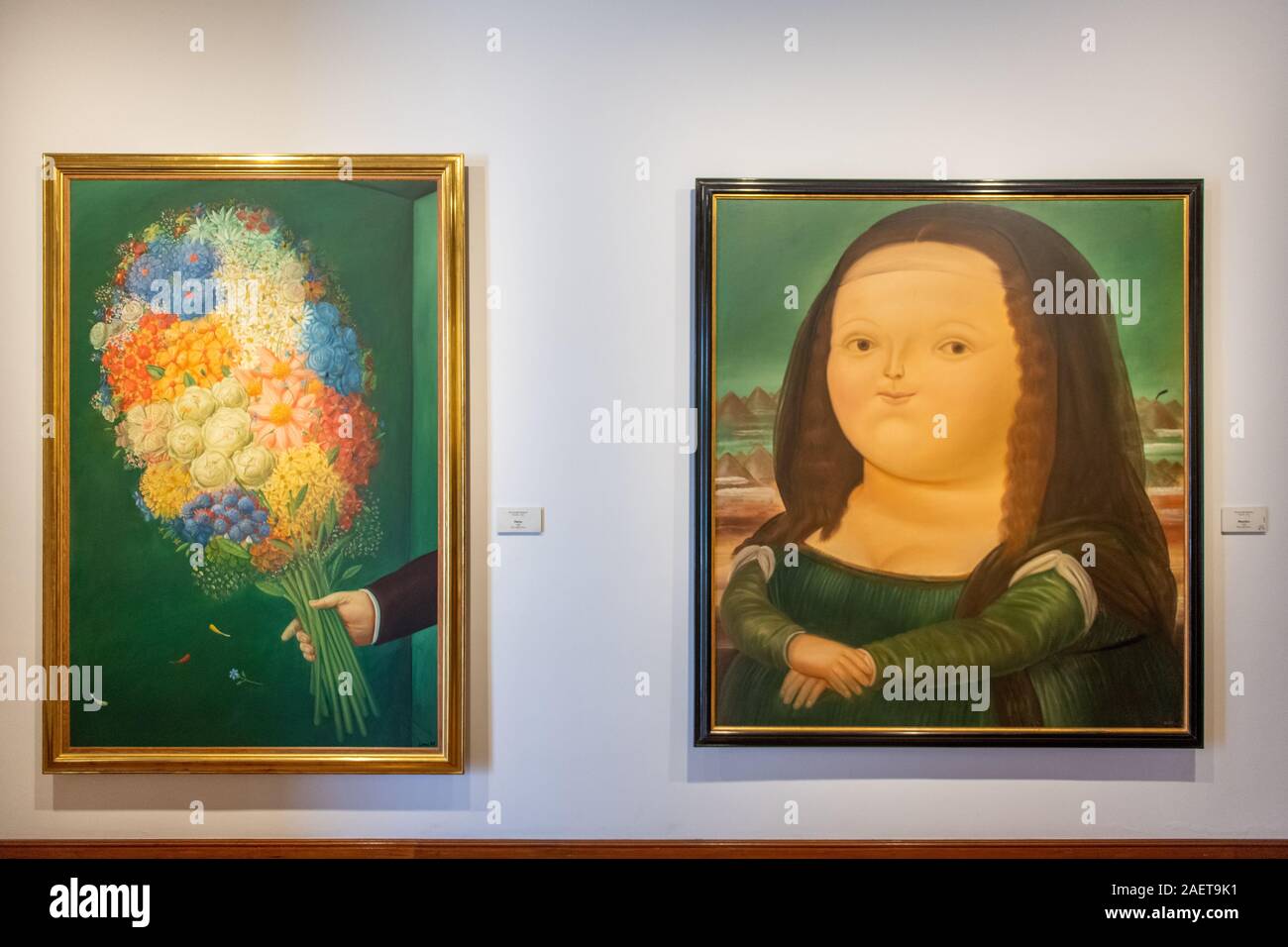 Flores y Mona Lisa de Fernando Botero muestra en el Museo Botero , Bogot‡ , Colombia Foto de stock
