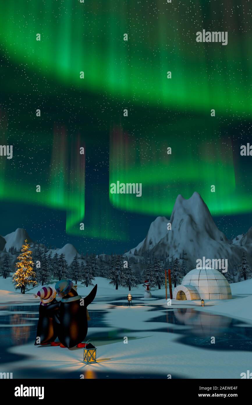 Los pingüinos viendo las luces del norte sobre un lago congelado en una Navidad nevados paisajes de montaña. 3D Render. Foto de stock