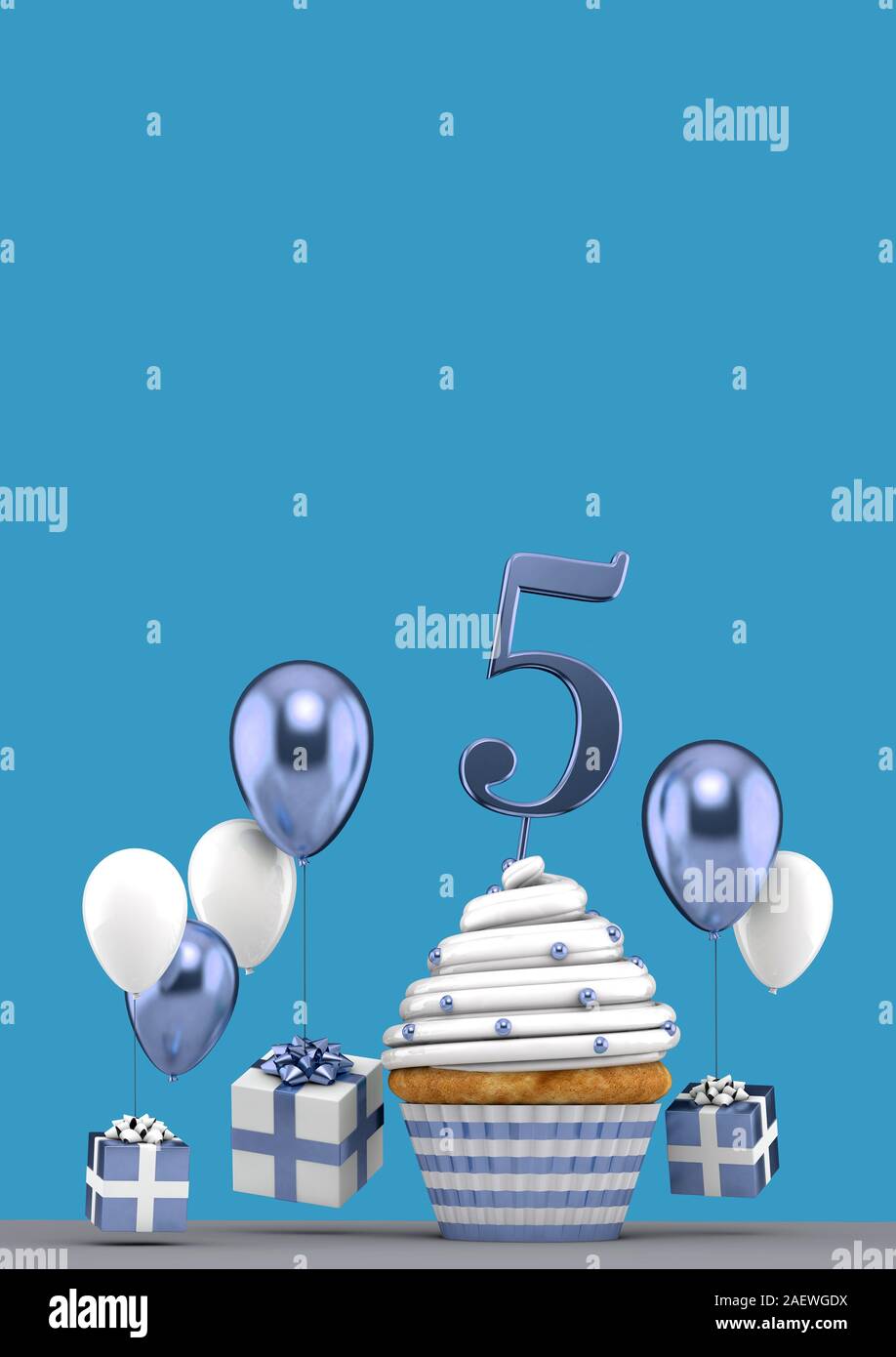 Fiesta de cumpleaños número 5 Composición con globos y cajas de regalo. 3D  Rendering Fotografía de stock - Alamy