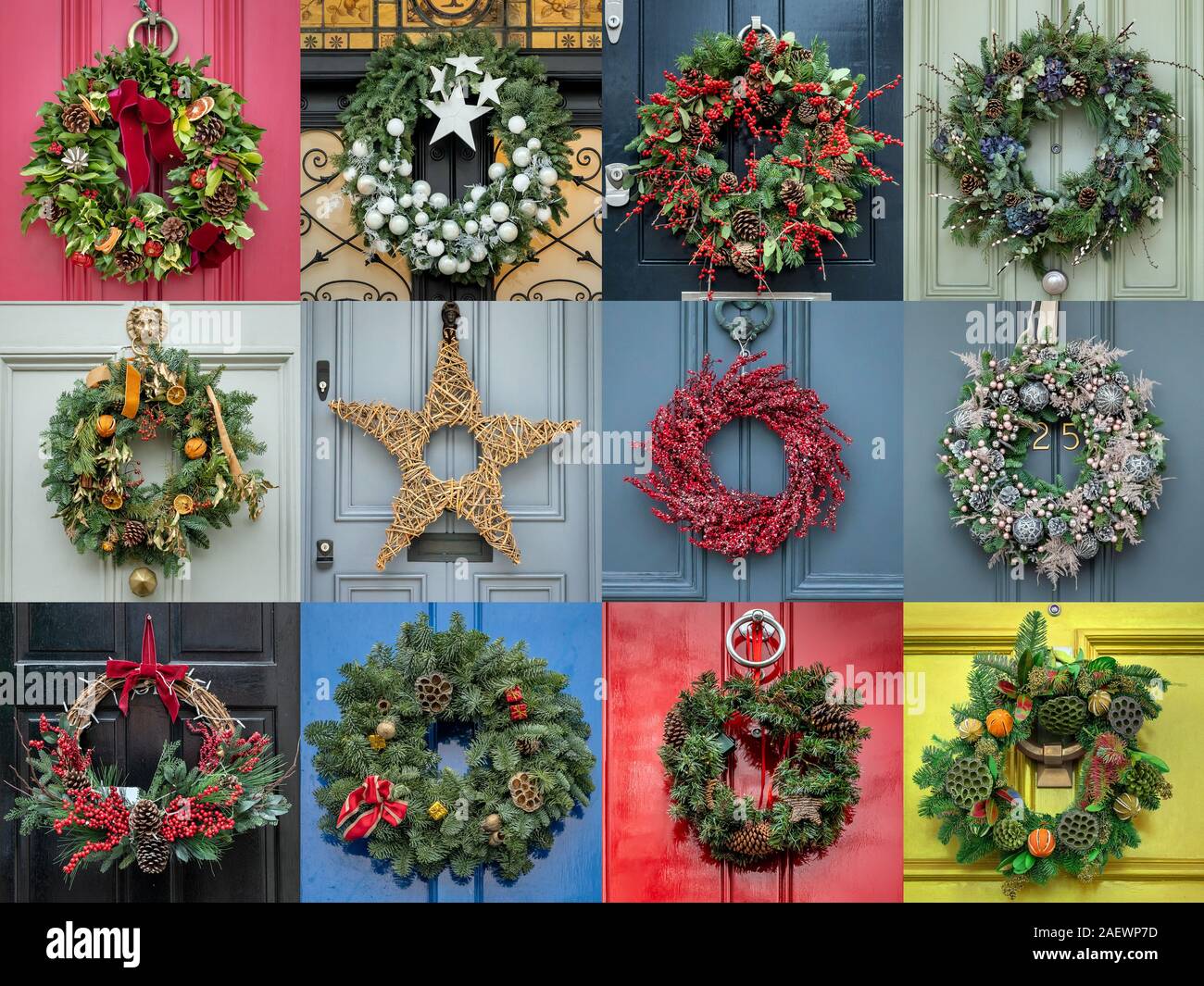 Londres, Reino Unido. 11 de diciembre de 2019. Puerta de Navidad guirnalda  collage. Coronas Navideños colgando de las puertas de las casas y muchos  colores en el Royal Borough de Kensington y