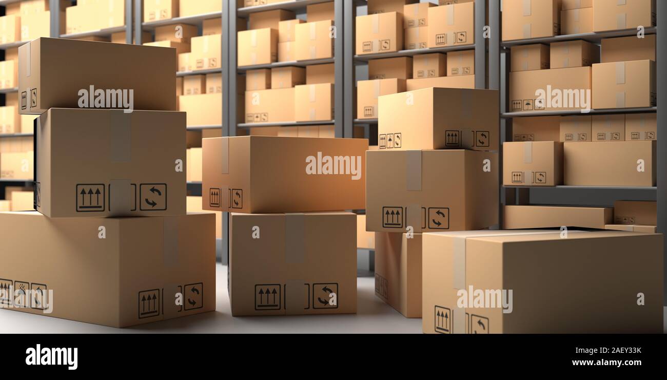 Almacenamiento estantes y cajas de cartón de fondo, Distribución, carga y  concepto de logística. Ilustración 3d Fotografía de stock - Alamy