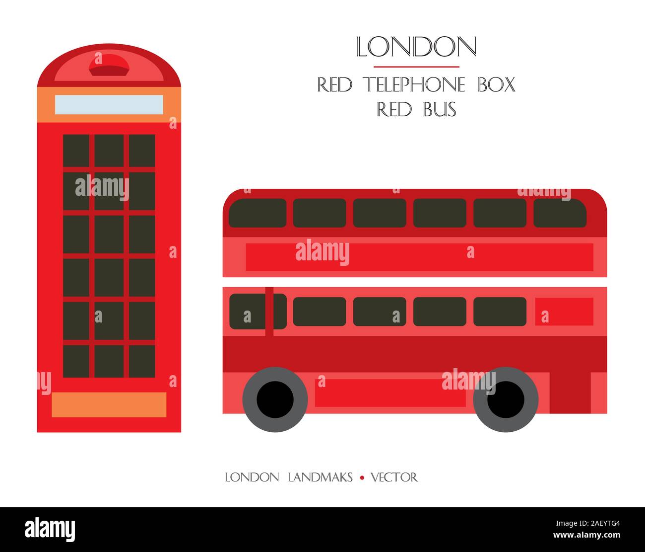 Vector colorido cuadro teléfono rojo y rojo autobús turístico ilustración, monumentos famosos de Londres, Inglaterra. Vector ilustración plana aislado en blanco ba Ilustración del Vector