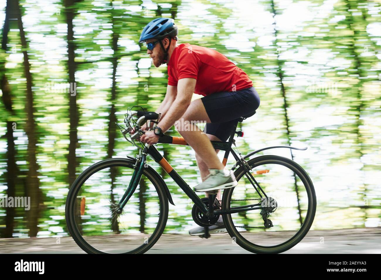 Crazy velocidad. Ciclista en bicicleta es en la carretera de asfalto en el  bosque en día soleado Fotografía de stock - Alamy