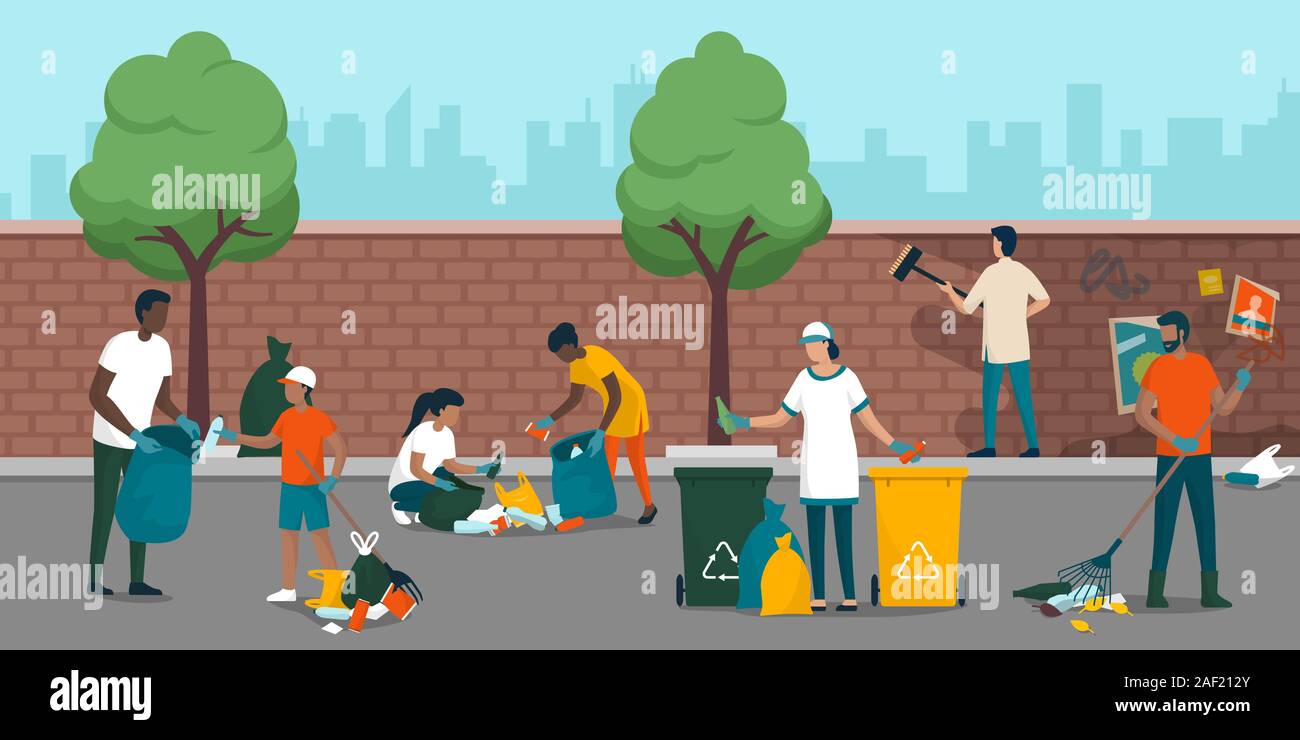 Los jóvenes del voluntariado y la limpieza de las calles de la ciudad, son la recogida de residuos, eliminando la suciedad de un muro y separar la basura en diferentes Ilustración del Vector