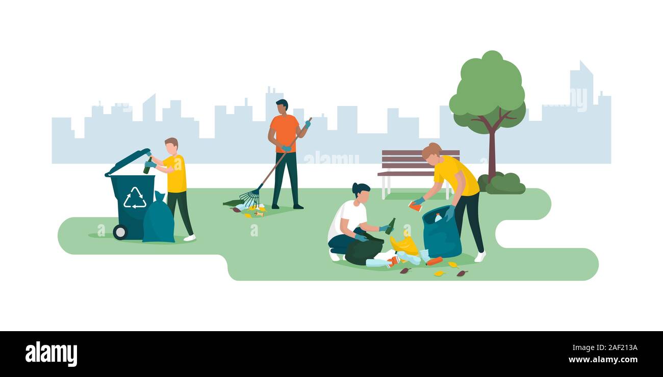 La gente del voluntariado y la limpieza de un parque de la ciudad juntos, recolección y separación de residuos, el cuidado del medio ambiente concepto Ilustración del Vector