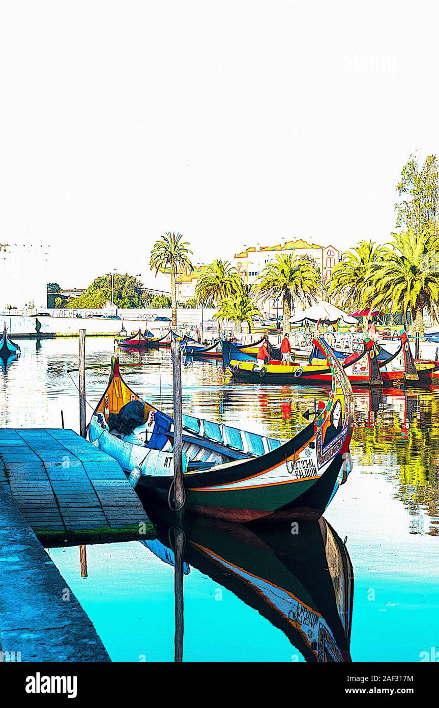 Imagen mejorada digitalmente de coloridas embarcaciones tradicionales (barcos moliceiros originalmente utilizada para la recolección de algas marinas) en canal en el centro de Aveiro, Portuga Foto de stock