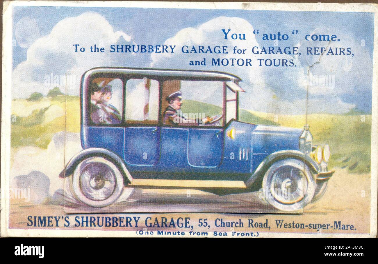 La publicidad postal para Simey arbustos del garaje, Weston-super-Mare, Somerset, circa 1917 Foto de stock