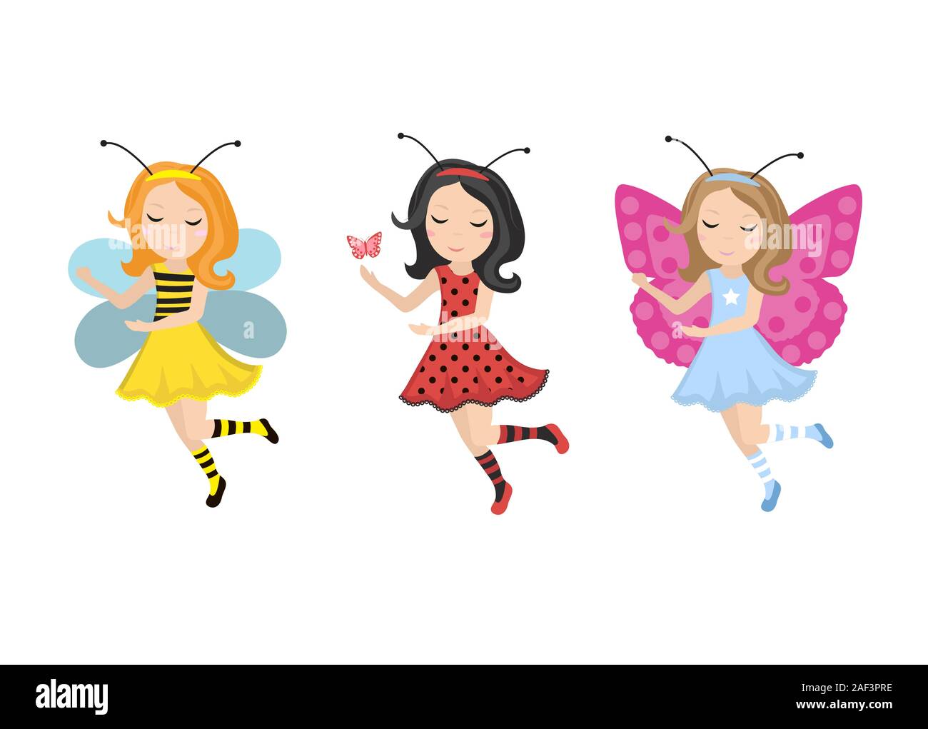 Cute Little Girl ladybug, abeja, icono de la mariposa en plano, estilo de  dibujos animados. Bebé abeja disfraces de carnaval. Aislado sobre fondo  blanco. Ilustración vectorial Imagen Vector de stock - Alamy