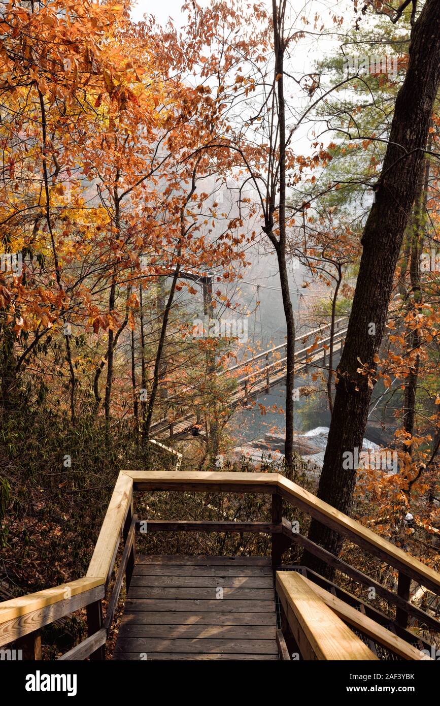 Escalera de madera que conduce a la montaña para el puente colgante que cruza el río en el Tallulah Tallulah Gorge State Park en Georgia, EE.UU.. Foto de stock
