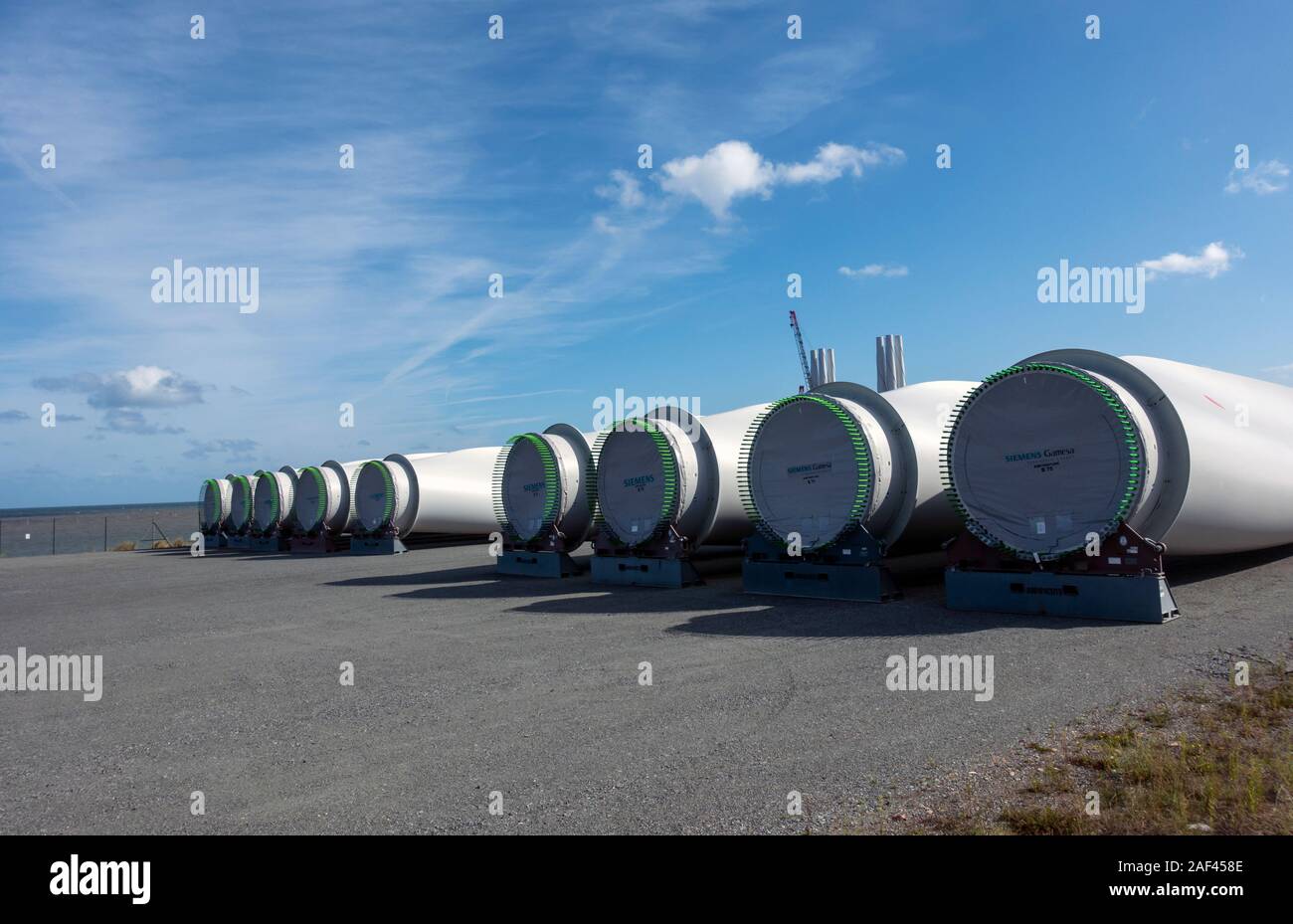 Siemens Gamesa las paletas de las turbinas eólicas, puerto exterior de Great Yarmouth Norfolk UK Foto de stock