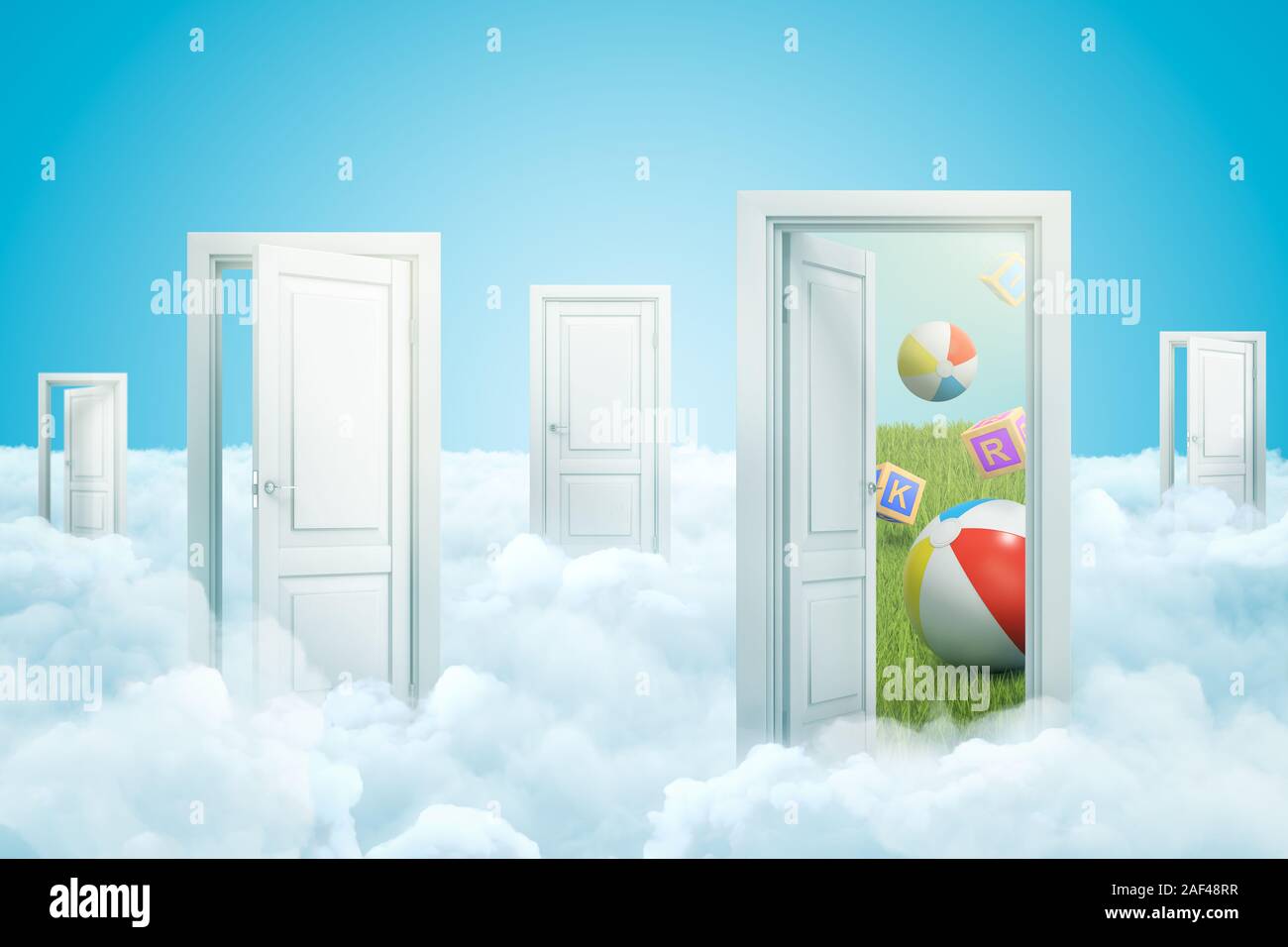 Representación 3D de cinco puertas de pie en esponjosas nubes, una puerta que conduce al verde césped con pelotas inflables y Bloques ABC cayendo del cielo azul. Educa Foto de stock