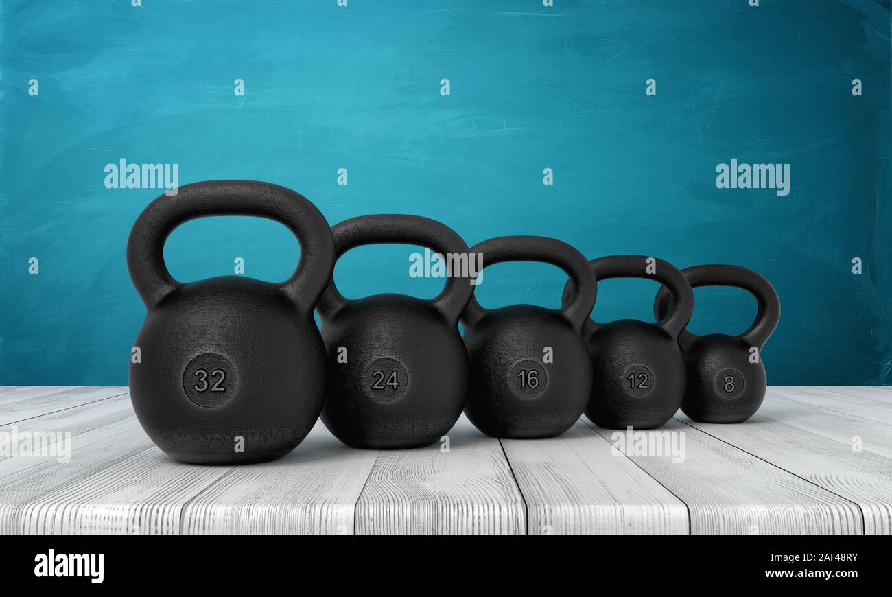 Representación 3D de cinco kettlebells negro sobre blanco, piso de madera y turquesa oscuro fondo. Fitness y entrenamiento. Actividades al aire libre. Artículos deportivos. Foto de stock