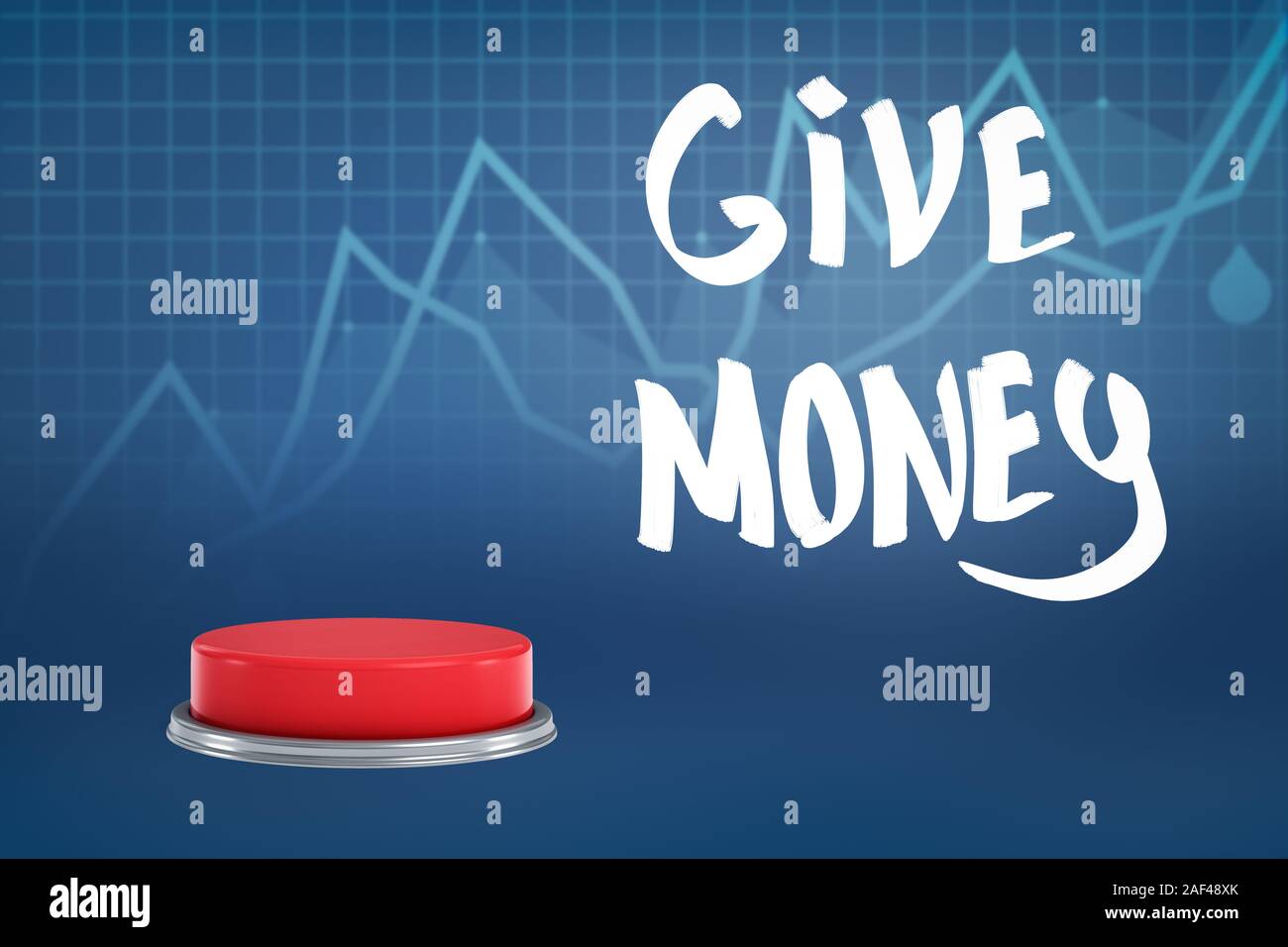 3D rendering de botón rojo con blanco de "dar dinero" signo en diagrama azul de fondo. Arte Digital de objetos y materiales. Iconos y botones. Foto de stock
