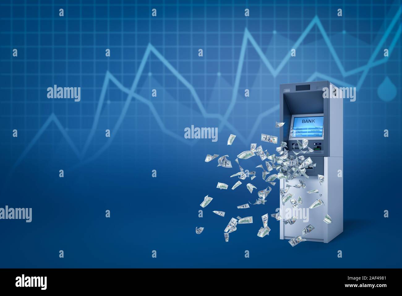 Representación 3D de la máquina ATM con dólares caiga sobre fondo azul bordeada de diagrama. Administración y finanzas. Riesgos de dinero. El dinero y el ahorro. Foto de stock