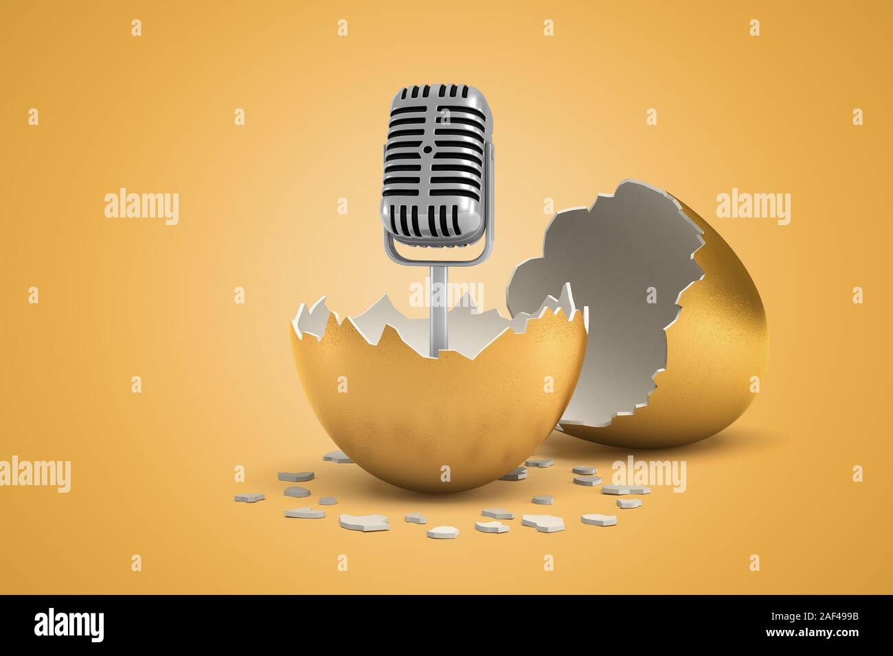 Representación 3D de metal micrófono que recién nacidos fuera del huevo de oro. La industria de la música. Concursos de canto. Nace la estrella. Foto de stock