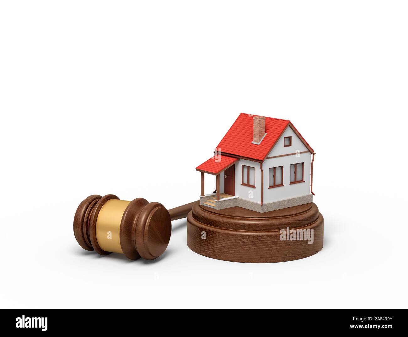 Representación 3D de la pequeña casa blanca con tejado rojo sobre el bloque de madera redondo y martillo de madera marrón. Casa e hipoteca. Arte Digital. La propiedad privada. Foto de stock
