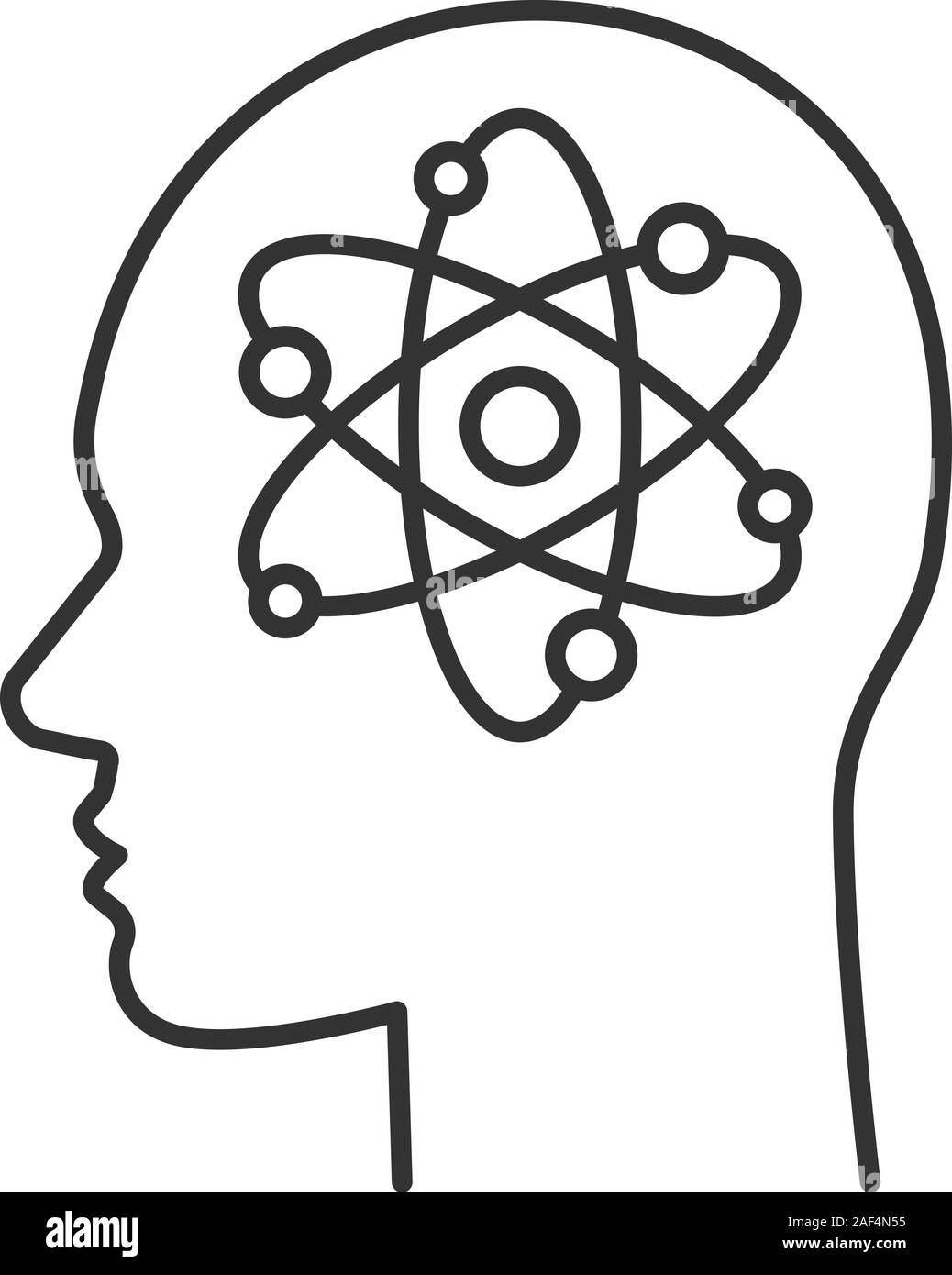 Cabeza humana con Atom inside icono lineal. El genio. Ilustración de