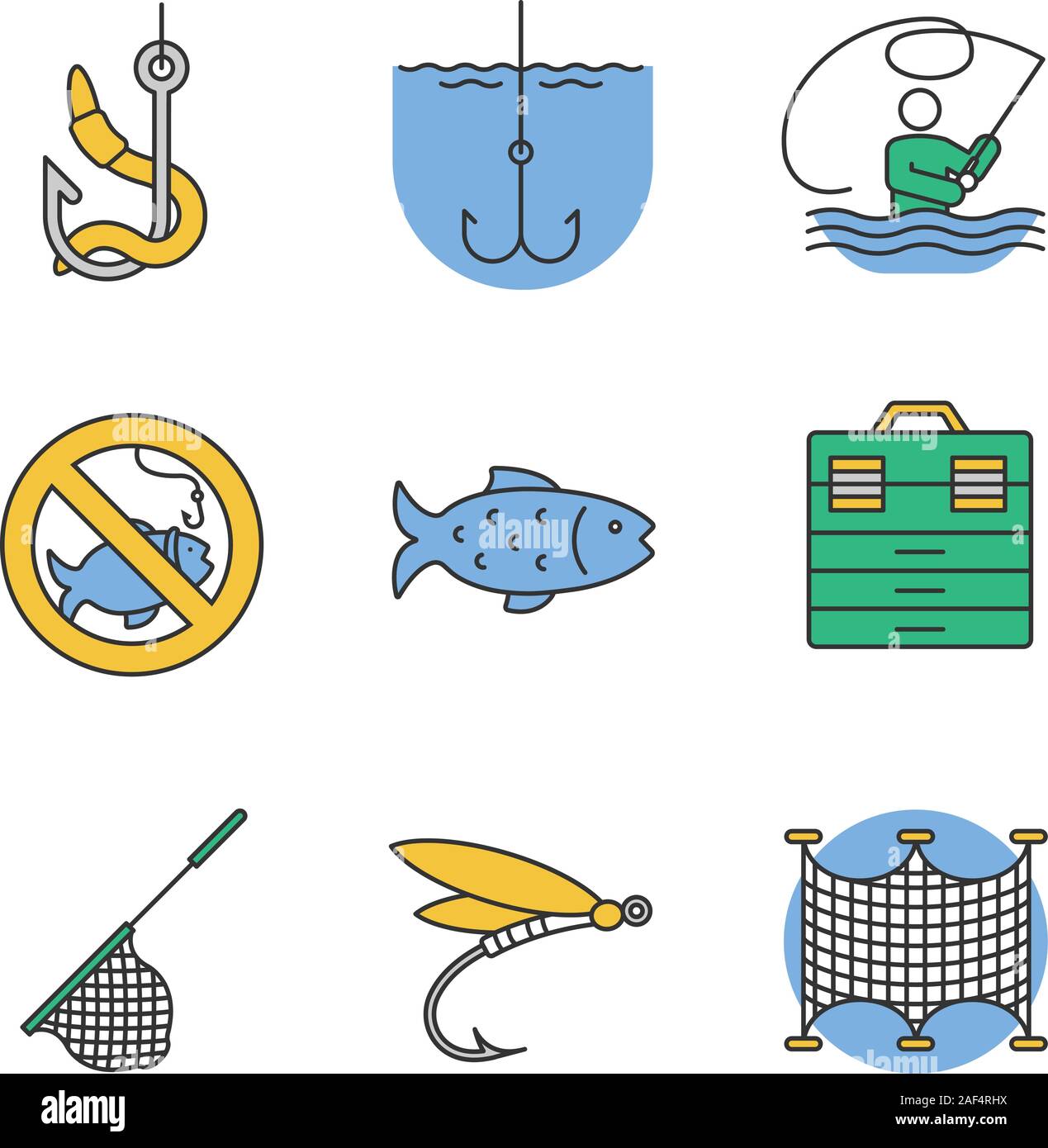 Iconos de color de pesca establecido. No hay signo de pesca, caja de aparejos, redes de aterrizaje, pesca con mosca, pescado, cebo vivo, el anzuelo. Ilustraciones vectoriales aislado Ilustración del Vector