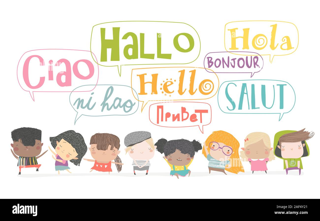 Grupo de niños dibujos animados hablando en diferentes idiomas Imagen Vector de stock - Alamy
