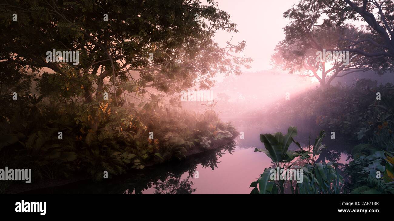 La fantasía del atardecer en la selva paradisiaca. Densa vegetación selvática, tranquilo estanque en misty luz volumétrica. 3D rendering. Foto de stock