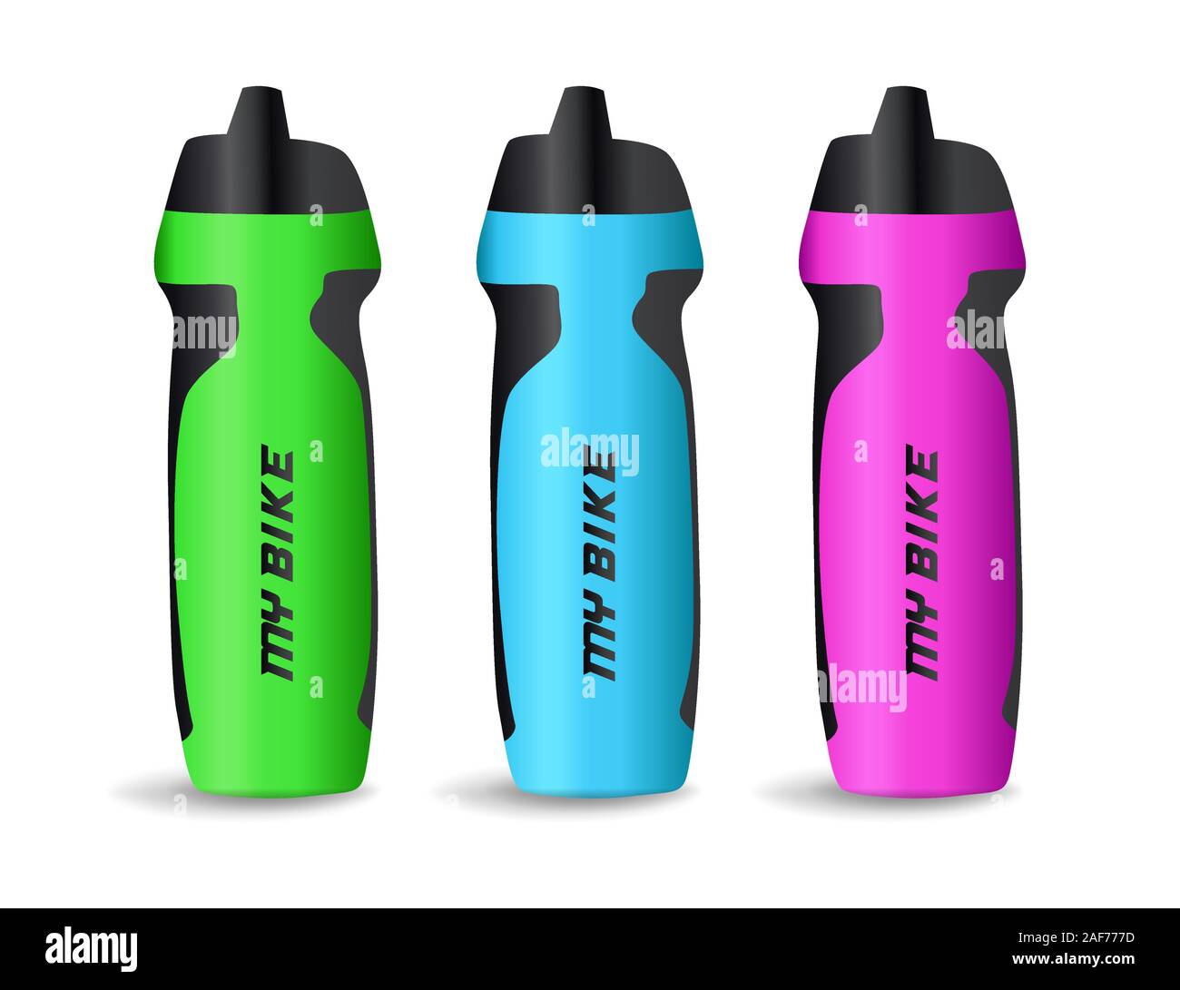 Conjunto de coloridas bicicletas de plástico de botellas de agua, equipamiento deportivo icono aislado sobre fondo blanco, ilustración vectorial. Ilustración del Vector